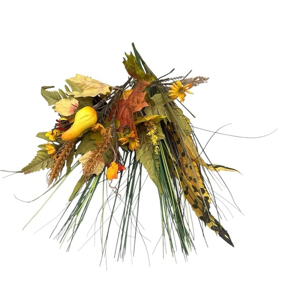 FALL HARVEST ARTIFICIAL FLORAL BUNDLE AUTUMN LEAVES WHEAT GOURDS WILD GRASS - Picture 4 of 6